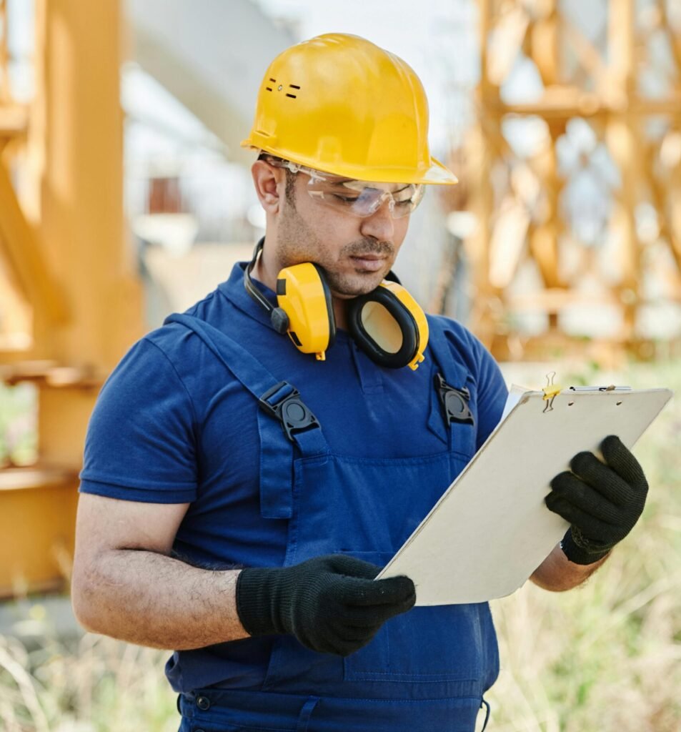 Construction engineer in safety gear reviewing plans at site.